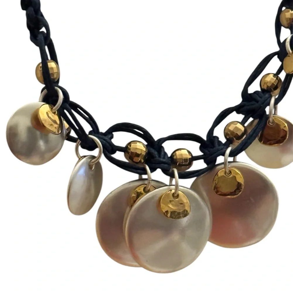 Signed Chico’s Gold and Black Necklace round pendants vegan suede & silver chain